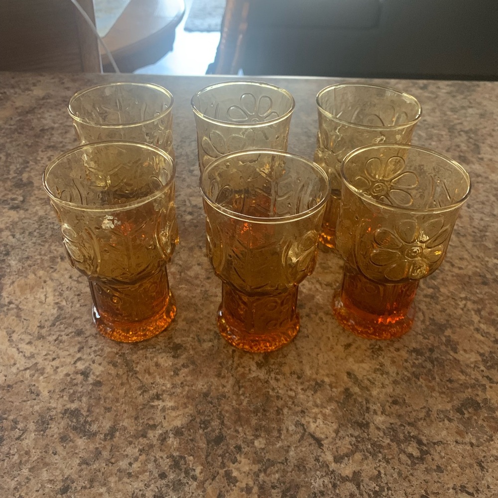 NWOT Vintage Libbey Amber Daisy Country Garden Juice Drinking Glasses 4 X 2.5”